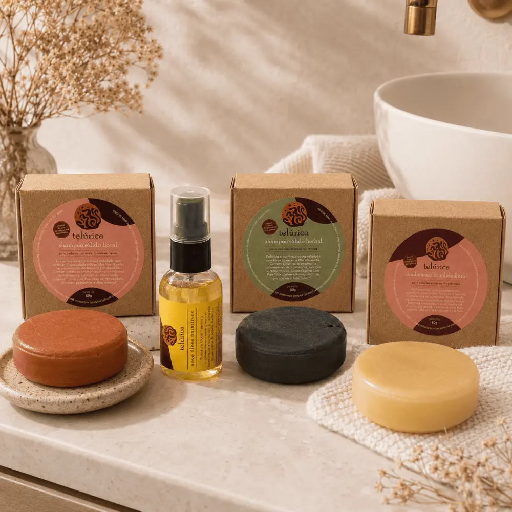 Produtos Telúrica usados nos rituais de cuidado capilar